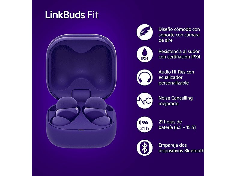 Auriculares True Wireless - Sony LinkBuds Fit, Cancelación de ruido (Noise Cancelling), Bluetooth, HiRes, 21 horas, iOS y Android, Google, IPX4,Morado — foto 2