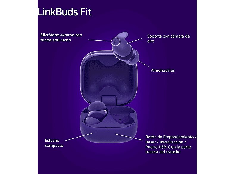 Auriculares True Wireless - Sony LinkBuds Fit, Cancelación de ruido (Noise Cancelling), Bluetooth, HiRes, 21 horas, iOS y Android, Google, IPX4,Morado — foto 6