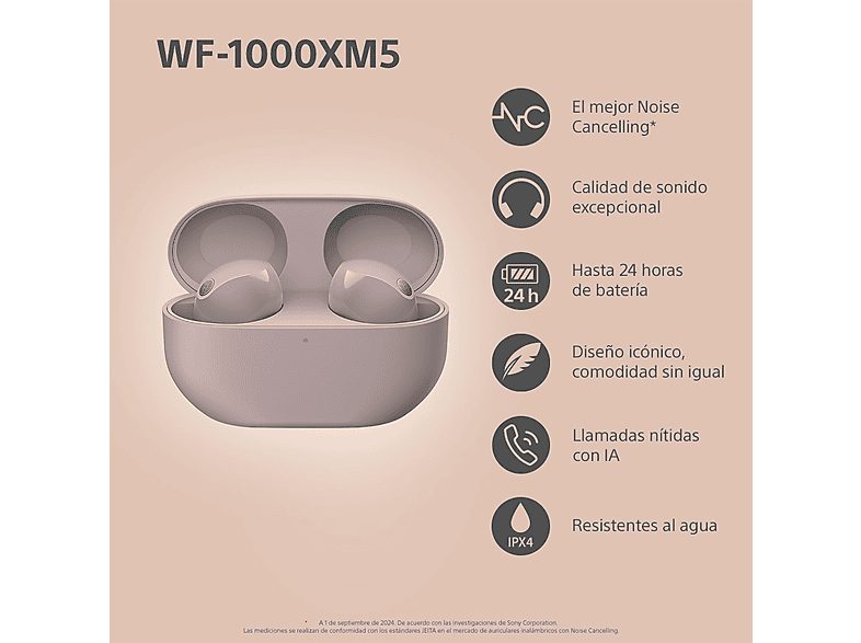 Auriculares True Wireless - Sony WF1000XM5P, Cancelación de ruido (Noise Cancelling), Hi-Res, Google assistant, Alexa, Siri, 24 horas, IPX4, Rosa — foto 3