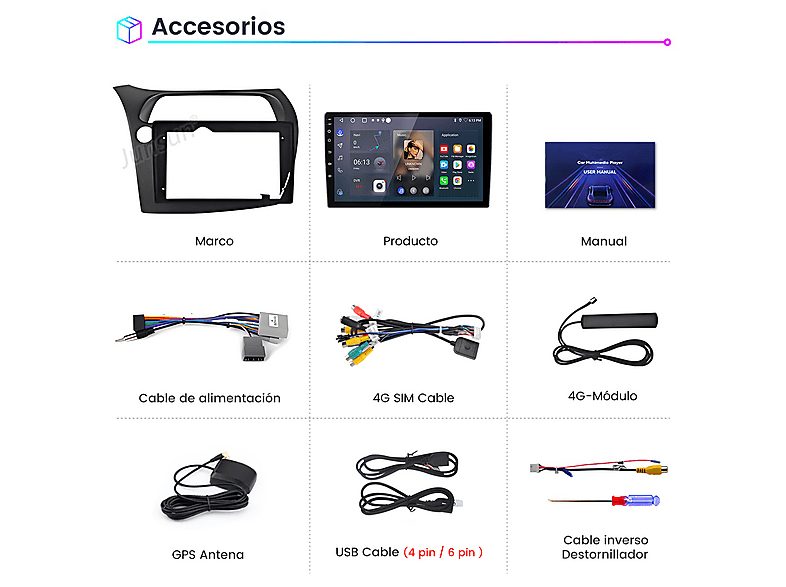 Autorradio  - 2 DIN Honda Civic Hatchback (2007-2012) CARPLAY Android Auto 128GB JUNSUN, 9 "", 2*USB 1*RCA, black — foto 8