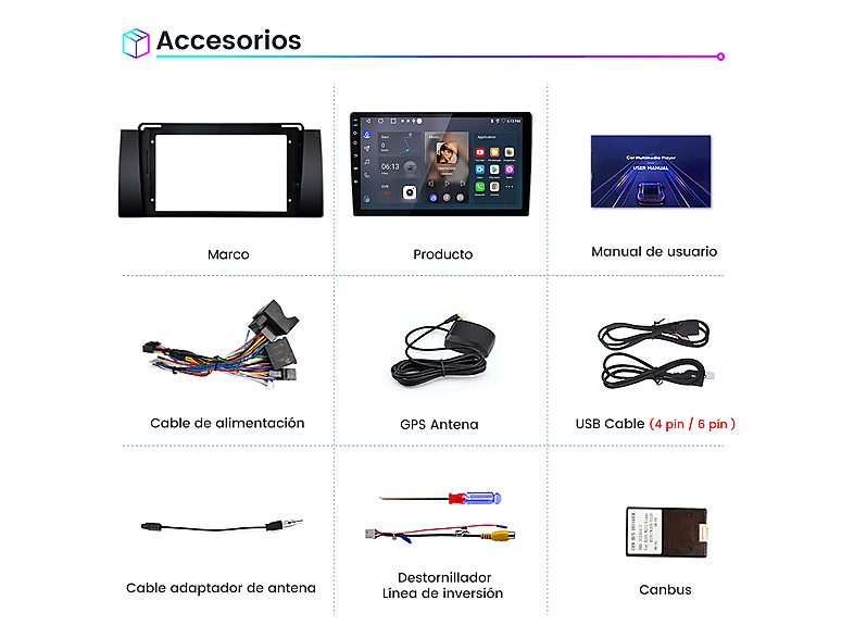 Autorradio  - 2 DIN Para BMW E46 3er (1998-2006) Carplay Android Auto GPS 64GB JUNSUN, 9 "", 2*USB, black — foto 8