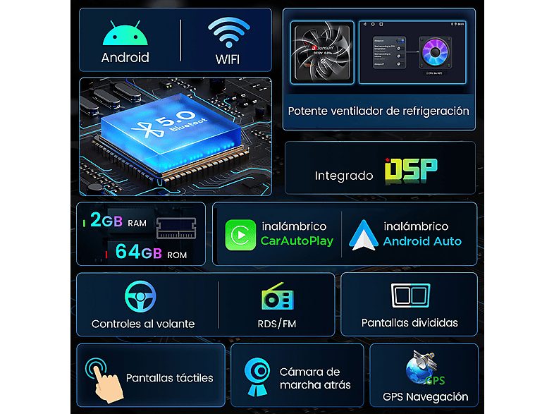 Autorradio  - 2 DIN para Lancia Ypsilon 2012-2020 CARPLAY Android Auto 2+64GB JUNSUN, 6,2 "", 2*USB, black — foto 3