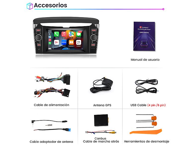 Autorradio  - 2 DIN para Lancia Ypsilon 2012-2020 CARPLAY Android Auto 2+64GB JUNSUN, 6,2 "", 2*USB, black — foto 8