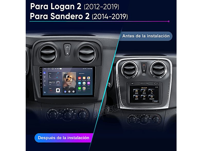 Autorradio  - 2 DIN Para Logan 2 / Sandero 2  (2012-2019) Carplay Android Auto 64GB JUNSUN, 9 "", 2*USB, Black — foto 2