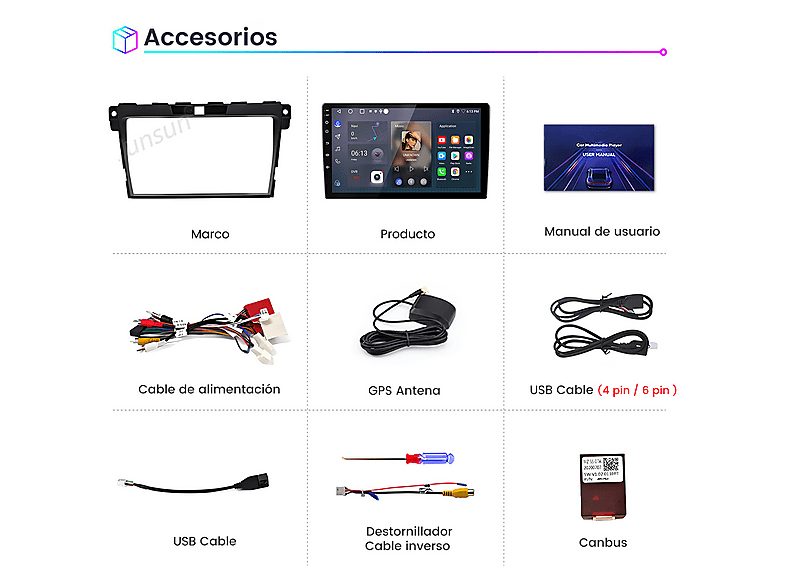 Autorradio  - 2 DIN para Mazda CX-7 2008-2015 Carplay Android Auto 64GB JUNSUN, 9 "", 2*USB, black — foto 8