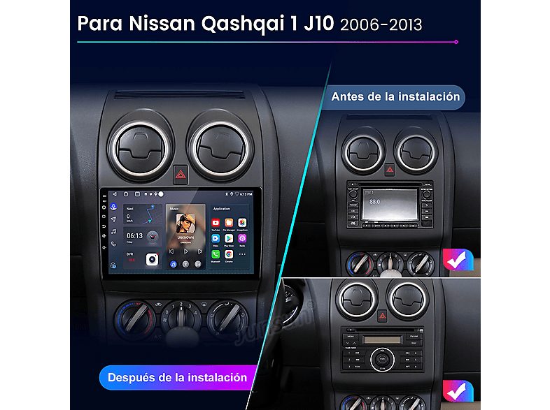 Autorradio  - 2 DIN para Nissan Qashqai 1 J10 (2006-2013) CARPLAY Android Auto 2+64GB JUNSUN, 9 "", 2*USB, black — foto 2