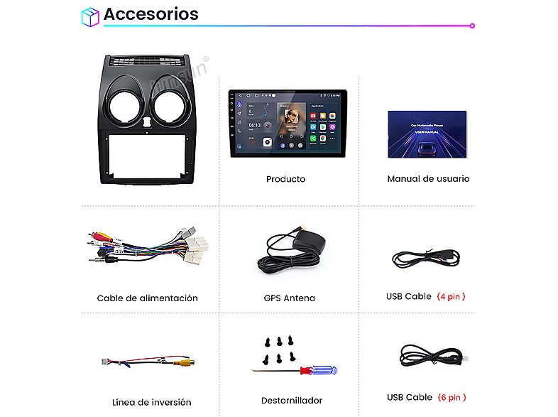 Autorradio  - 2 DIN para Nissan Qashqai 1 J10 (2006-2013) CARPLAY Android Auto 2+64GB JUNSUN, 9 "", 2*USB, black — foto 8