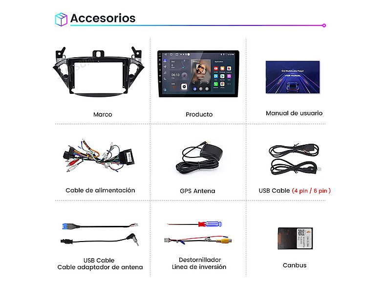 Autorradio  - 2 DIN para Opel Adam Corsa E Carplay Android Auto 64GB JUNSUN, 9 "", 2*USB, Negro — foto 8