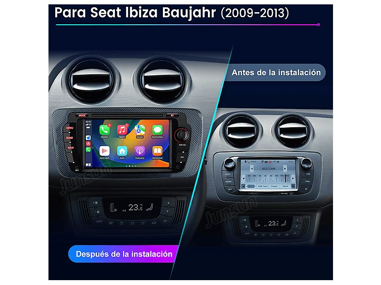 Autorradio  - 2 DIN para Seat Ibiza Baujahr 2009-2013 Carplay Android Auto 64GB JUNSUN, 7 "", 2*USB, Black — foto 2