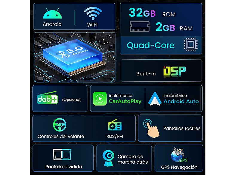 Autorradio  - 2 DIN para Seat Ibiza Baujahr 2009-2013 Carplay Android Auto 64GB JUNSUN, 7 "", 2*USB, Black — foto 3