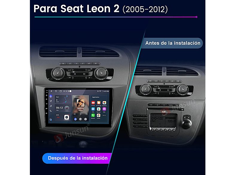 Autorradio  - 2 DIN para Seat Leon 2005-2012 CARPLAY Android Auto 2+64GB JUNSUN, 9 "", 2*USB, black — foto 2