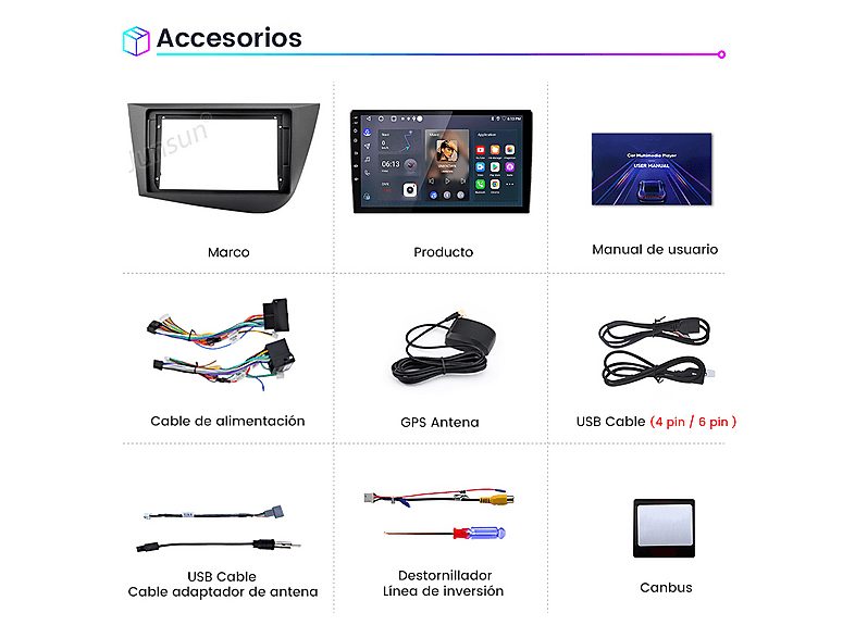 Autorradio  - 2 DIN para Seat Leon 2005-2012 CARPLAY Android Auto 2+64GB JUNSUN, 9 "", 2*USB, black — foto 8