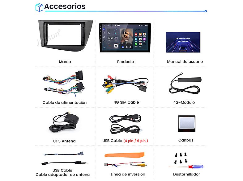 Autorradio  - 2 DIN para Seat Leon 2005-2012 Carplay Android Auto 6+128GB Octa-core JUNSUN, 9 "", 2*USB, black — foto 8