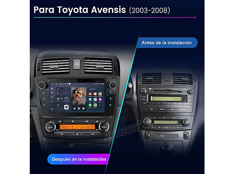 Autorradio  - 2 DIN para Toyota Avensis 2008-2015 Carplay Android Auto 64GB JUNSUN, 7 "", 2*USB, black — foto 2