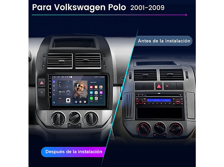 Autorradio  - 2 DIN para Volkswagen Polo 2001-2009 CARPLAY Android Auto 64GB JUNSUN, 9 "", 2USB, black — foto 2