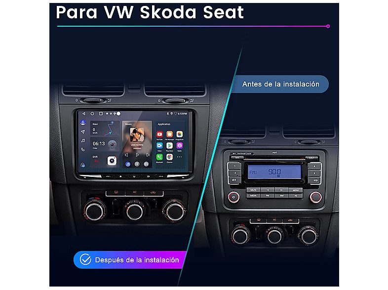 Autorradio  - 2 DIN para VW GOLF 5 6 Touran Tiguan CARPLAY Android Auto 6+128GB JUNSUN, 9 "", 2*USB, black — foto 2
