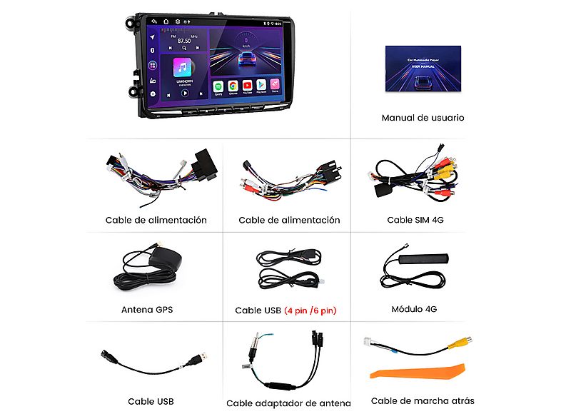 Autorradio  - 2 DIN para VW GOLF 5 6 Touran Tiguan CARPLAY Android Auto 6+128GB JUNSUN, 9 "", 2*USB, black — foto 8