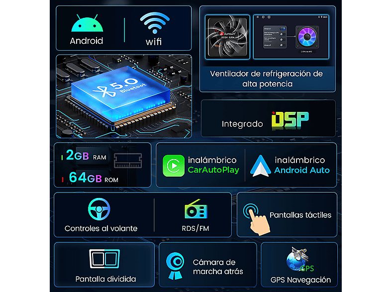 Autorradio  - 2 DIN para VW Golf VII MK7 (2013-2020) CARPLAY Android Auto 64GB JUNSUN, 9 "", 2*USB, Black — foto 3