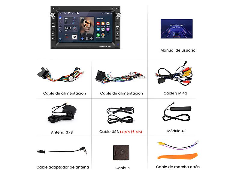 Autorradio  - 6G+128G 8-Core VW T5 Golf 4 Bora Polo JUNSUN, 7 "", 2*USB, Black — foto 7