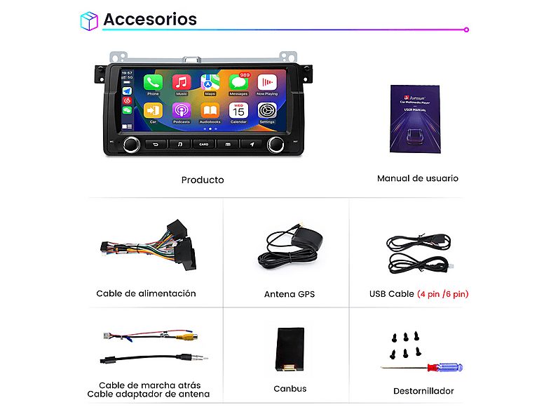 Autorradio  - BMW Serie 3 E46 318 320 32GB CARPLAY JUNSUN, 8 "", 2*USB, Black — foto 7