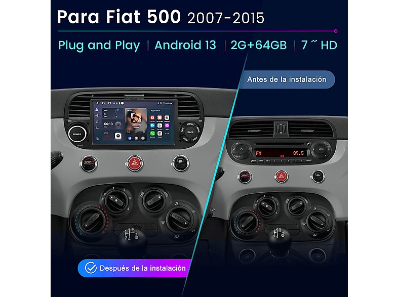 Autorradio  - Fiat 500 2007-2015 2+64GB CARPLAY SMORGR, 7 "", 2*USB, Black — foto 2