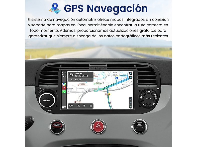 Autorradio  - Fiat 500 2007-2015 2+64GB CARPLAY SMORGR, 7 "", 2*USB, Black — foto 3