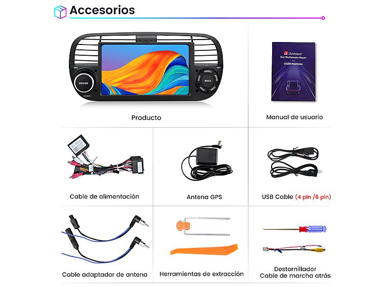 Autorradio  - Fiat 500 2007-2015 2+64GB CARPLAY SMORGR, 7 "", 2*USB, Black — foto 9