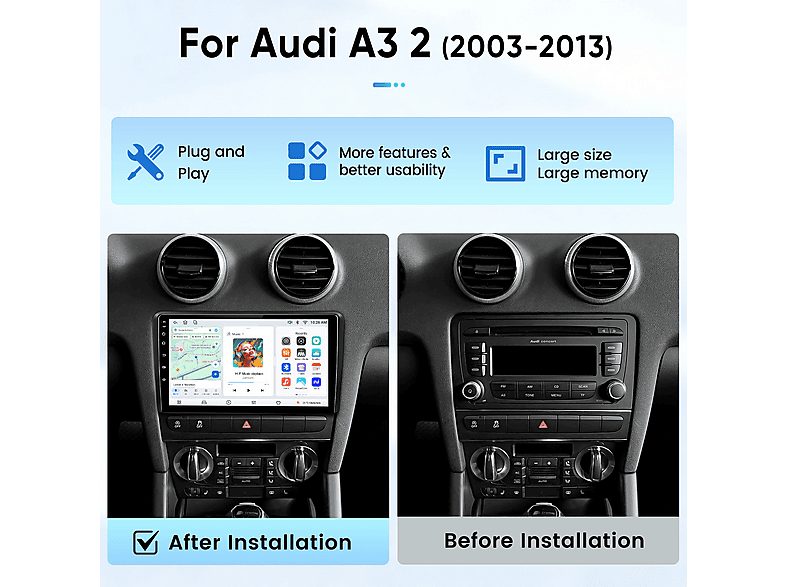Autorradio  - Para Audi A3 S3 RS3 (2003-2013) Carplay Android Auto 8GB+256GB BOSE JUNSUN, 9 "", 2*USB 1*RCA-SIM, Black — foto 2