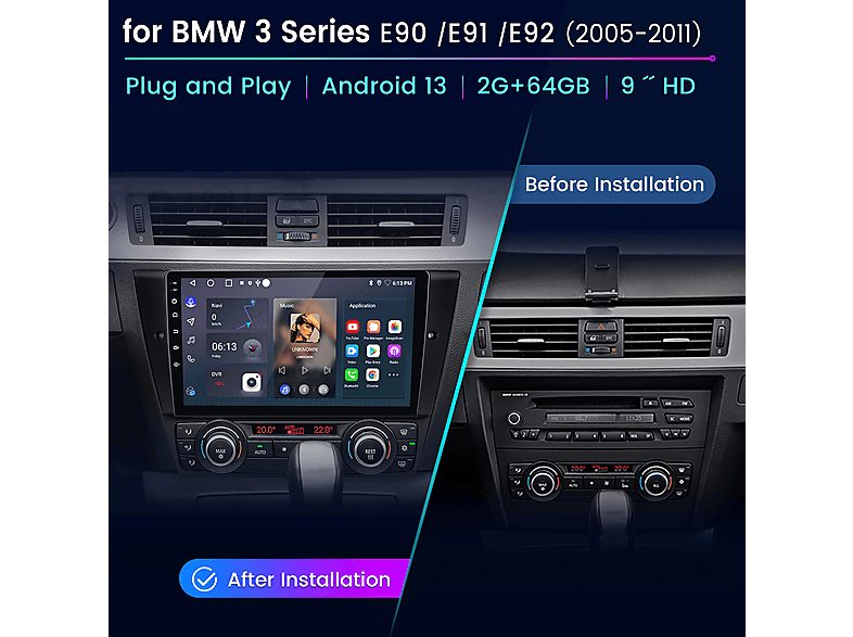 Autorradio  - para BMW 3er E90 E91 E92 E93 Carplay Android Auto 64GB +Cámara JUNSUN, 9 "", 2*USB, black — foto 2