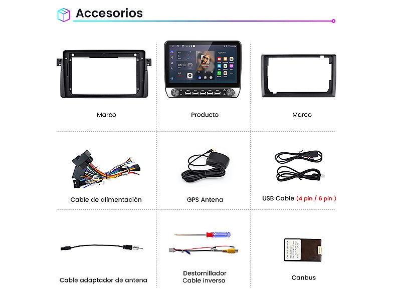 Autorradio  - Para BMW E46 (1998-2006) Carplay Android Auto 64GB JUNSUN, 10,1 "", 2*USB, black/plata — foto 8