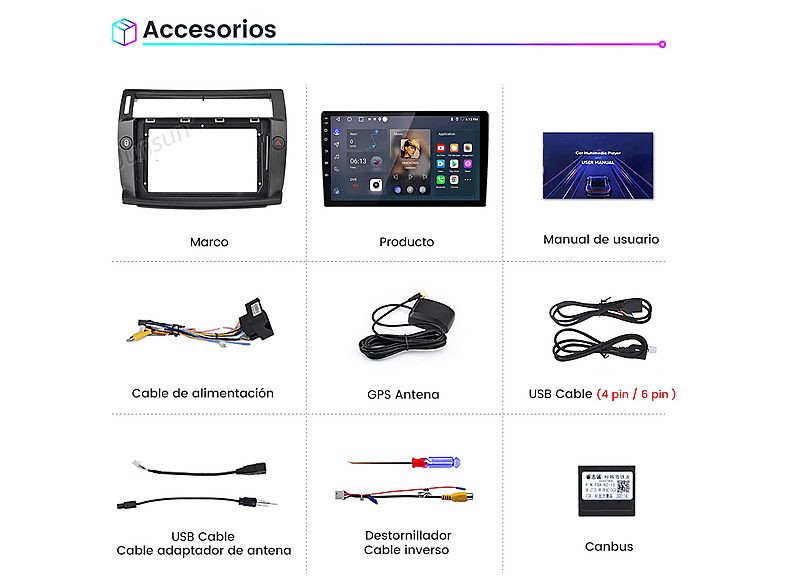 Autorradio  - Para Citroen C4 (2004-2009) Carplay Android Auto 64GB JUNSUN, 9 "", 2*USB, black — foto 8