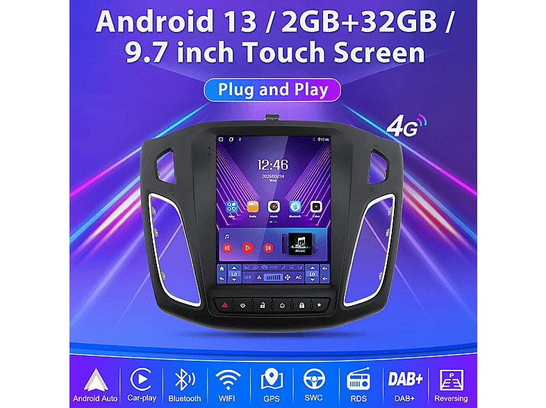 Autorradio  - Para Ford Focus 2012-2017 Carplay GPS Navi WIFI 2+32GB CESTOVET, 9,7 "", 2*USB, Black — foto 2