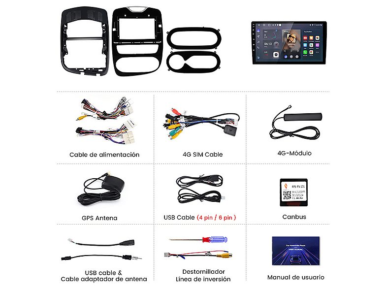 Autorradio  - Para Reuault Clio 4 (2016-2019) CARPLAY Android Auto 128GB Octa-Core JUNSUN, 10,1 "", 2*USB 1*RCA, Black — foto 8