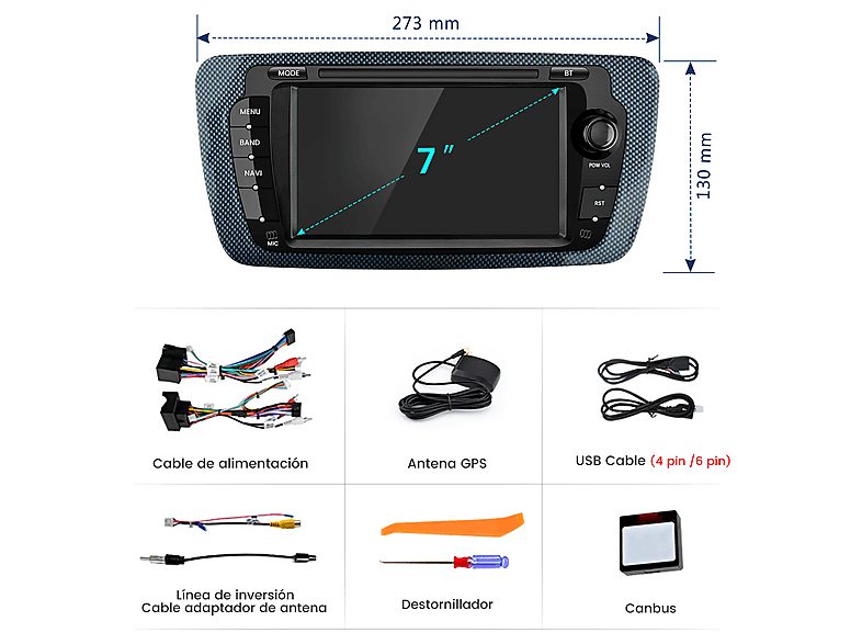 Autorradio  - Para  Seat Ibiza 2008-2013 CarPlay GPS Navi WIFI 64GB CESTOVET, 7 "", 2*USB, Black — foto 8