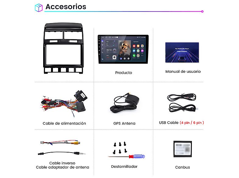 Autorradio  - Para VW Touareg (2002-2010) Carplay Android Auto 64GB JUNSUN, 9 "", 2*USB, black — foto 8