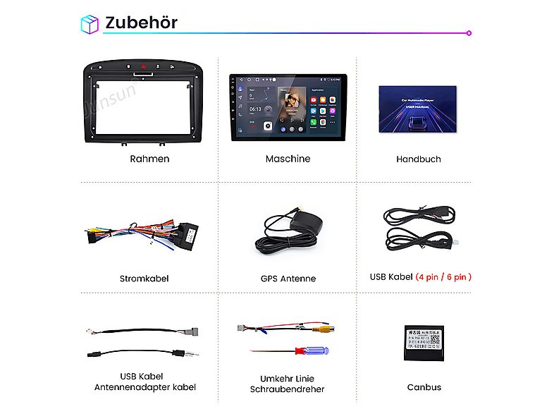 Autorradio  - Peugeot 308/408 2007-2015 2+64GB CARPLAY FM SMORGR, 9 "", 2*USB, Black — foto 9