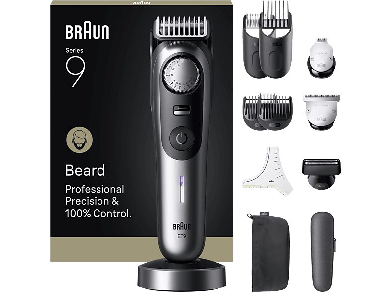 Barbero - Braun Series 9 BT9560, 12 Accesorios para barba, 52 ajustes de longitud, Bloqueo de precisión, Lámina ProBlade, PowerBoost, Wet&Dry, Cromo