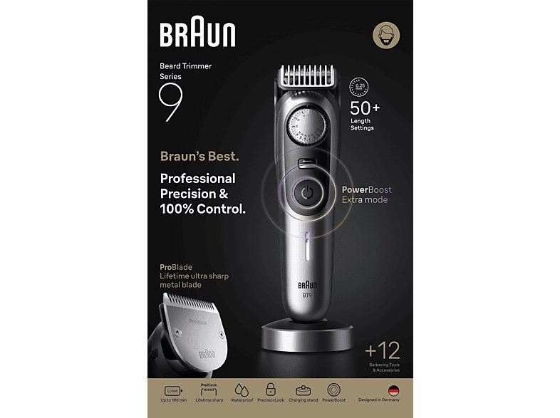 Barbero - Braun Series 9 BT9560, 12 Accesorios para barba, 52 ajustes de longitud, Bloqueo de precisión, Lámina ProBlade, PowerBoost, Wet&Dry, Cromo — foto 8