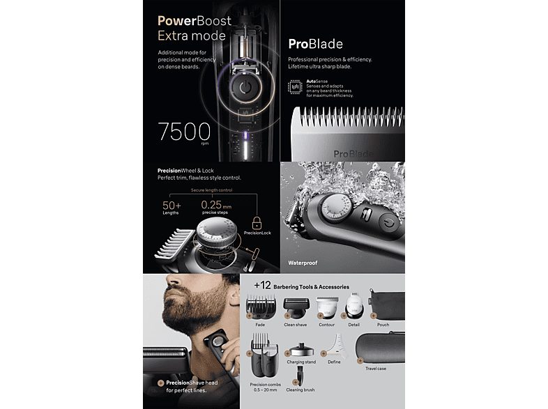 Barbero - Braun Series 9 BT9560, 12 Accesorios para barba, 52 ajustes de longitud, Bloqueo de precisión, Lámina ProBlade, PowerBoost, Wet&Dry, Cromo — foto 9
