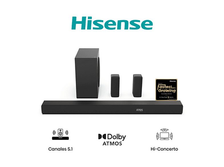 Barra de sonido - Hisense AX5100Q, Bluetooth, Subwoofer Inalámbrico, 580 W, Hi- Concerto, HDMI eARC, Dolby Atmos, Negro — foto 2
