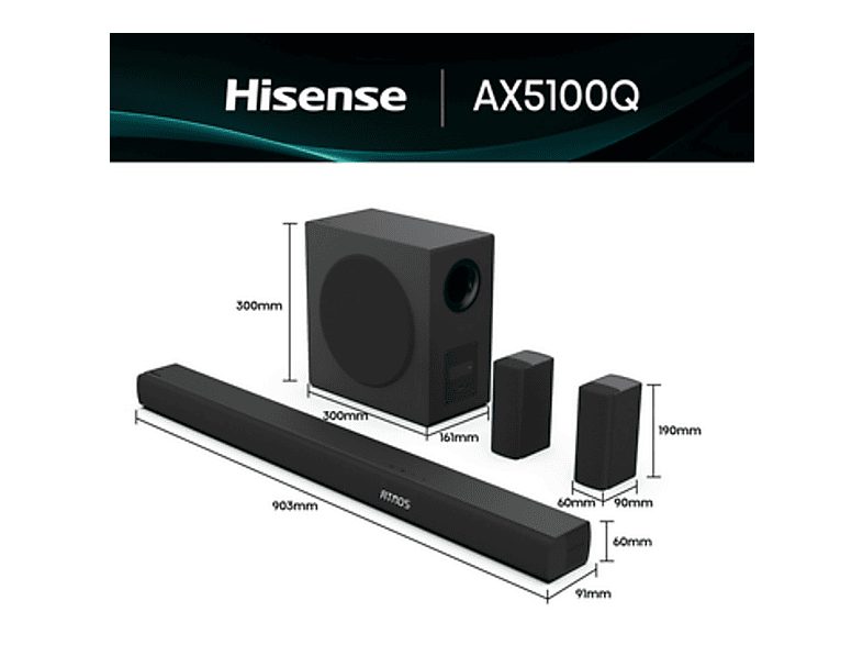 Barra de sonido - Hisense AX5100Q, Bluetooth, Subwoofer Inalámbrico, 580 W, Hi- Concerto, HDMI eARC, Dolby Atmos, Negro — foto 3