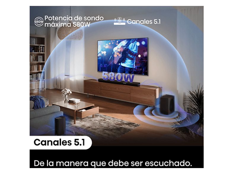 Barra de sonido - Hisense AX5100Q, Bluetooth, Subwoofer Inalámbrico, 580 W, Hi- Concerto, HDMI eARC, Dolby Atmos, Negro — foto 5