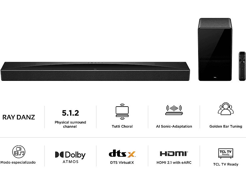 Barra de sonido - TCL Q75HE, Bluetooth, Subwoofer Inalámbrico, 780 W, Negro titantio — foto 2