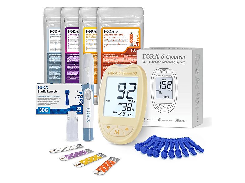 FORA Glucómetro - FORA 6 Connect 4 en 1 con 4 paquetes de tiras reactivas, amarillo