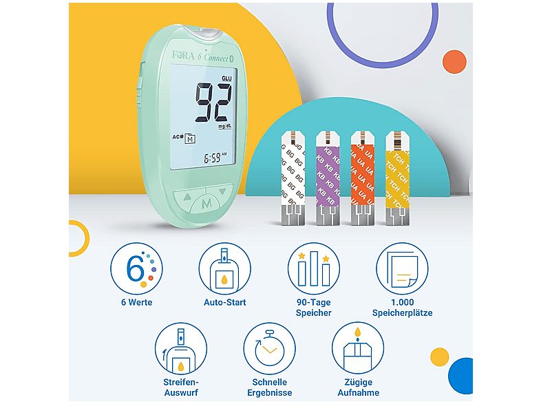 Glucómetro - FORA 6 Connect 4 en 1 con 4 paquetes de tiras reactivas, amarillo — foto 7