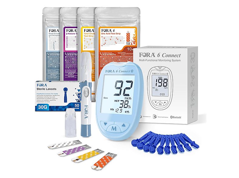 FORA Glucómetro - FORA 6 Connect 4 en 1 con 4 paquetes de tiras reactivas, azul, azul