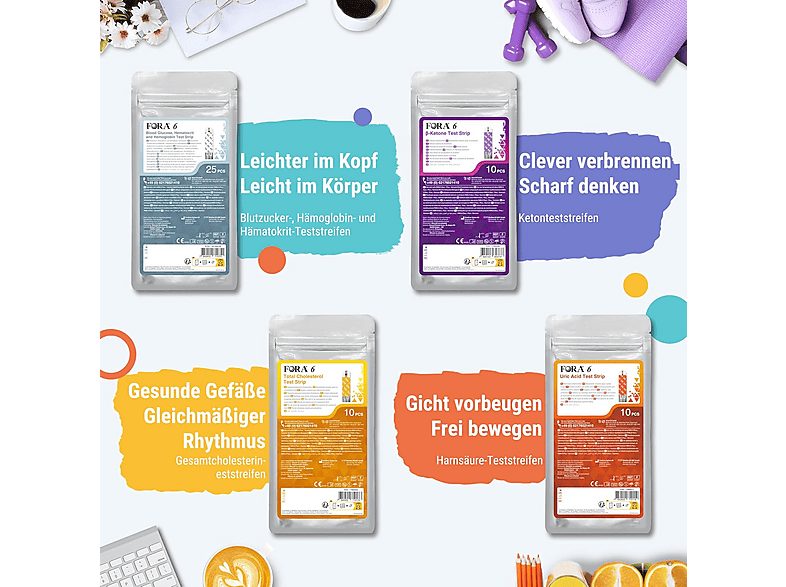 Glucómetro - FORA 6 Connect 4 en 1 con 4 paquetes de tiras reactivas, azul, azul — foto 2