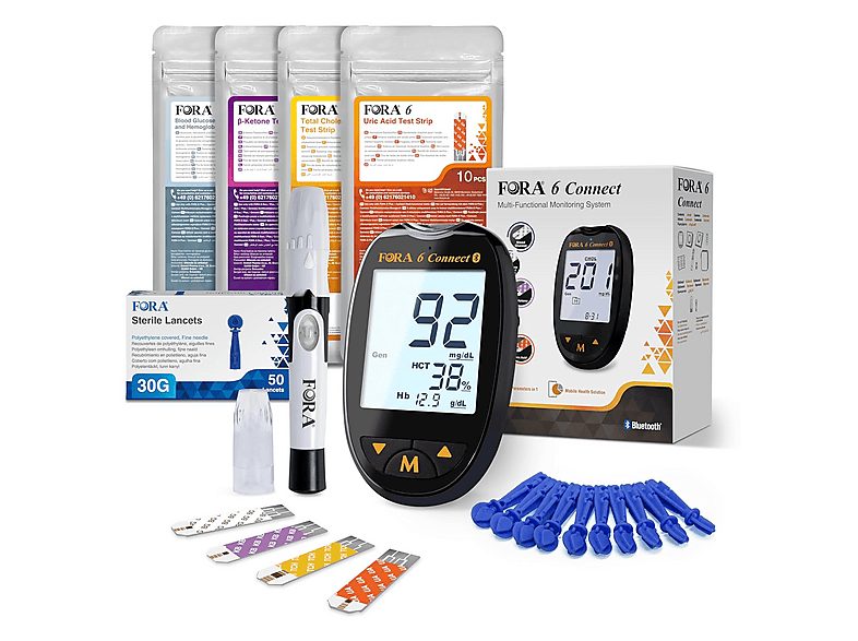 FORA Glucómetro - FORA 6 Connect 4 en 1 con 4 paquetes de tiras reactivas, negro