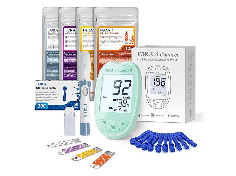 FORA Glucómetro - FORA 6 Connect 4 en 1 con 4 paquetes de tiras reactivas, verde