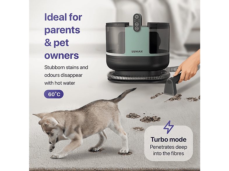 Limpiador de tapicerías - LUMAN A2, 1200 W, Potencia de succión 15 kPa, Depósito 1800 ml, Verde — foto 4